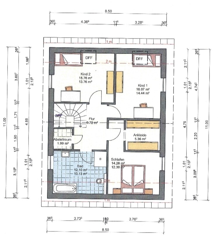 Upper floor plan with hallway, bathroom, storage room, walk-in closet, master bedroom, children’s rooms 1 and 2.
