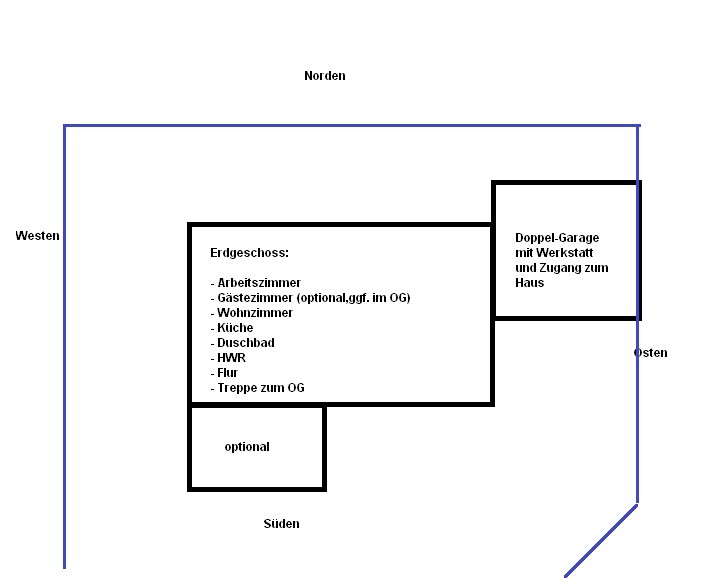 Erdgeschoss-Grundriss eines Hauses mit Doppelgarage, Werkstatt, Wohnzimmer, Küche und Flur.