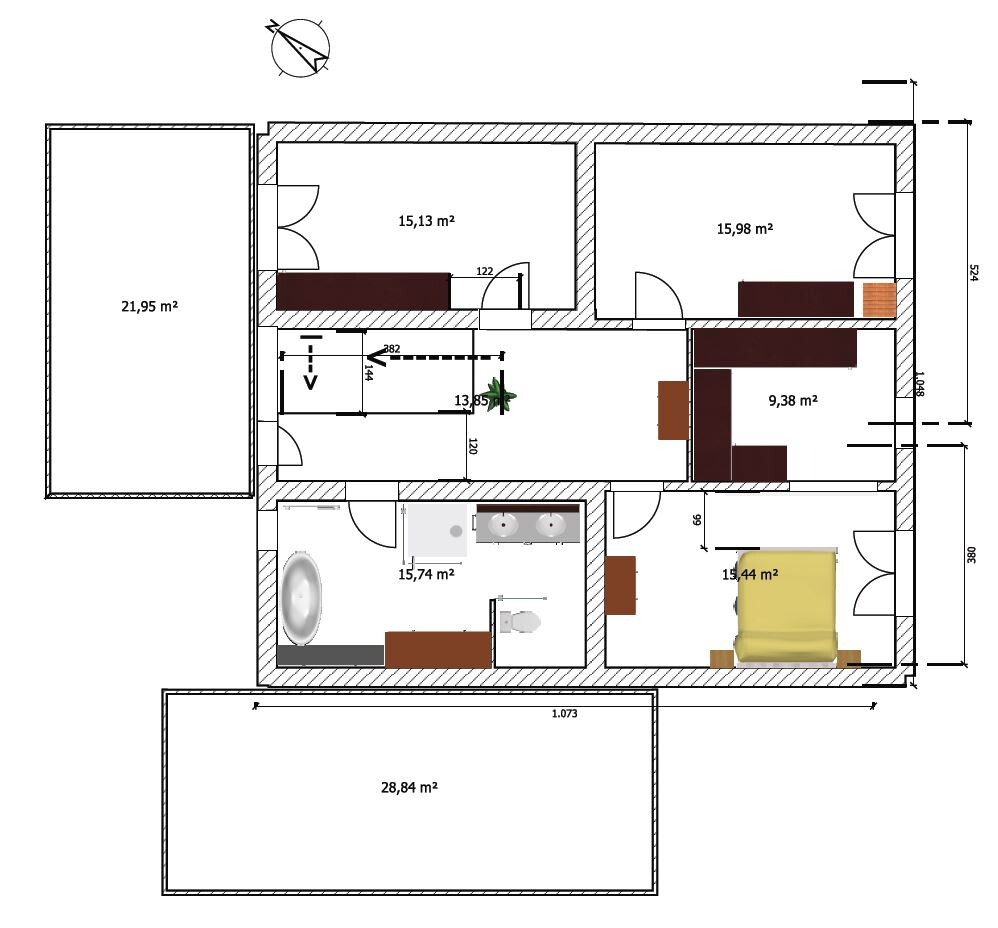 Floor plan of a house with several rooms, bathroom, kitchen, and hallway