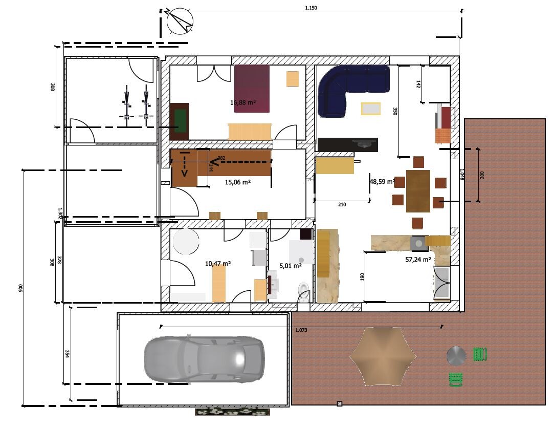 Detailed house floor plan with terrace, garage, and furnished rooms