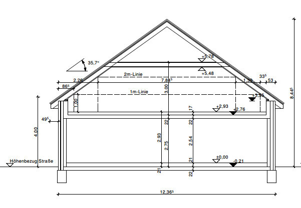 Cross-section of a building plan: roof structure, interior walls, and dimension lines.