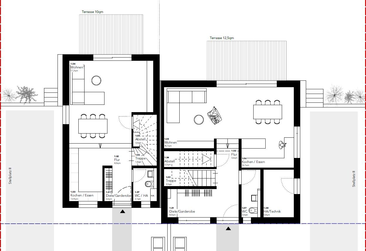 Ground floor plan of a house with two dwellings: kitchen, living, corridors, storage rooms and terraces.