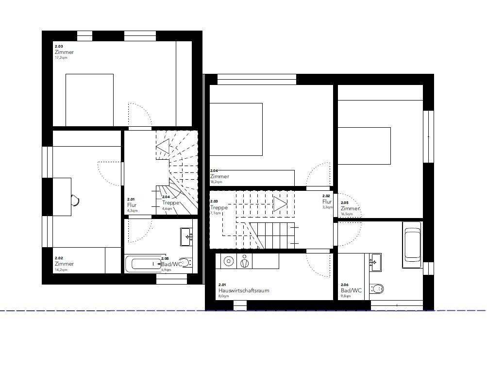 Floor plan of a two-story house with two staircases, corridors, rooms, and bathrooms/WC.