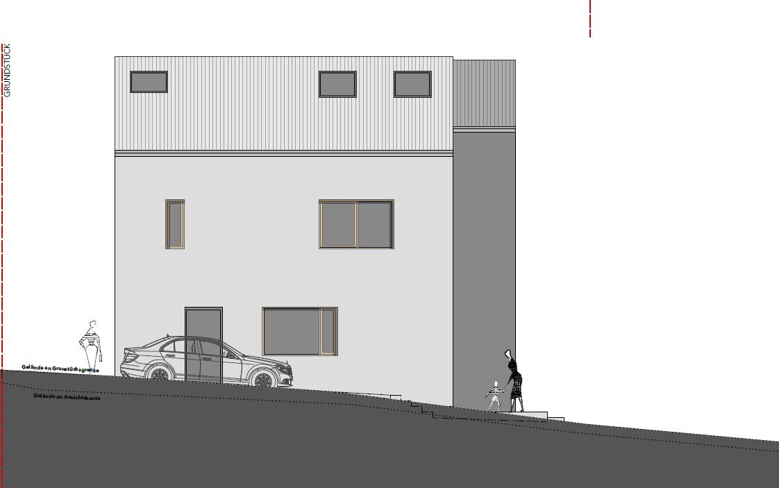 Modern multi-story house on a slope, car in front, two windows on upper floor, people on edge.