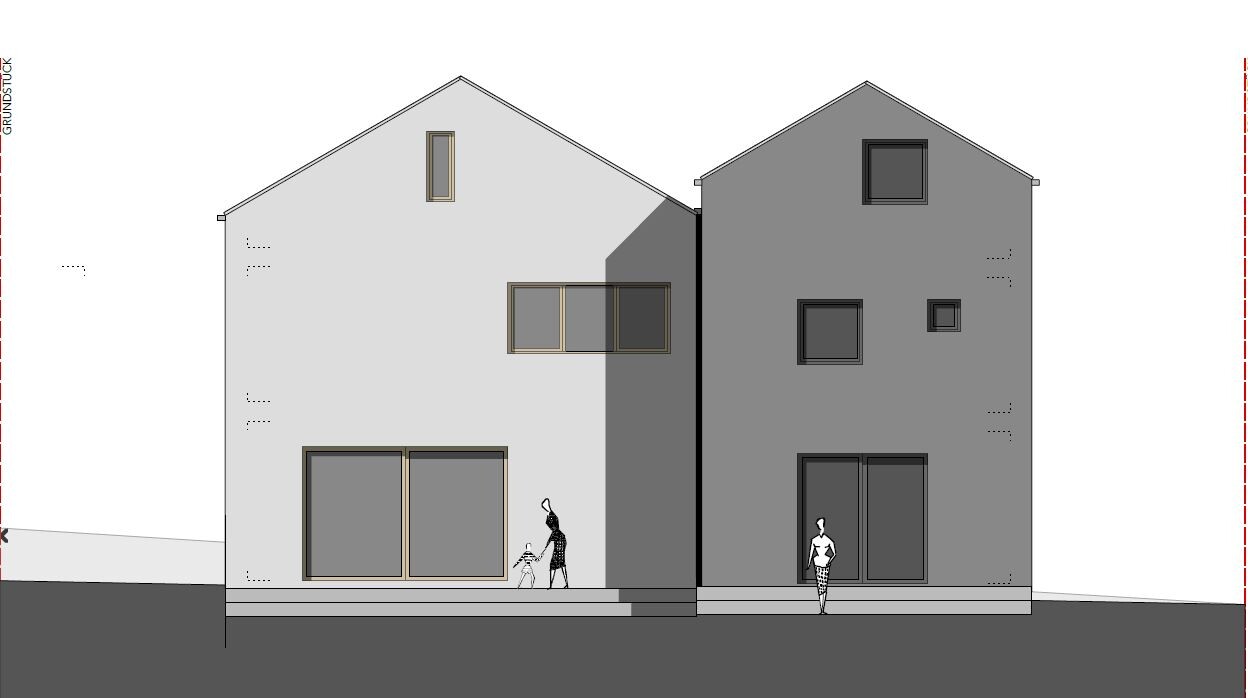 Two adjoining houses, light on left, dark on right; three people in front of entrances.