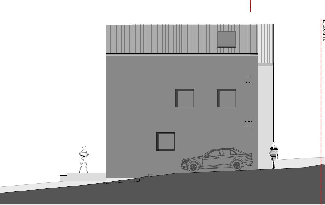 Gray residential building sketch with three windows, parked car in front, sloped street.