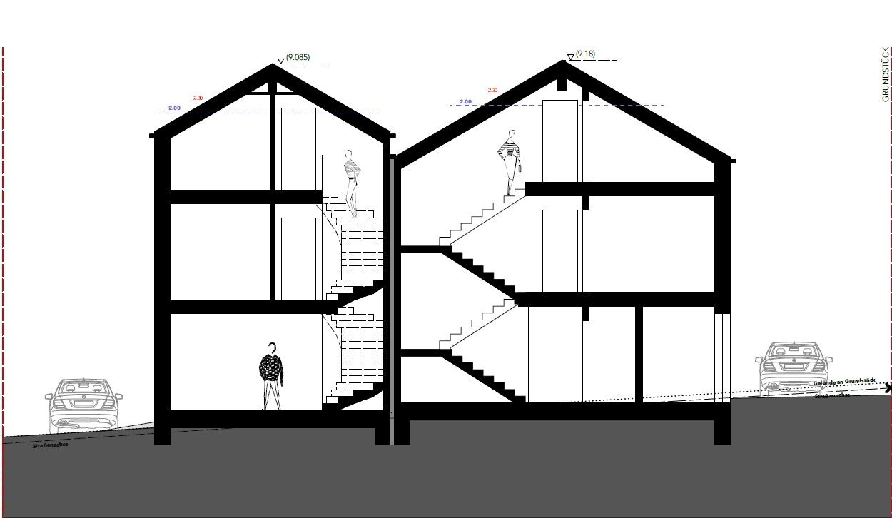 Architectural section of a two-story building with staircase, people and cars outside.