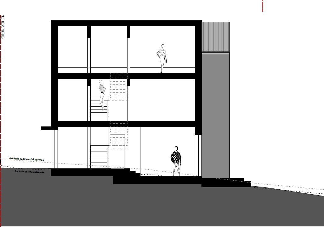 Cross-section of a three-story building with stairs and three people inside.