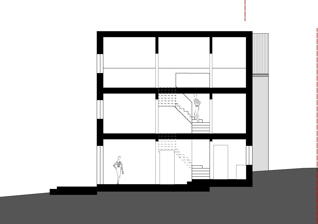 Cross-section through a multi-story building with stairwell and people on stairs and floors.