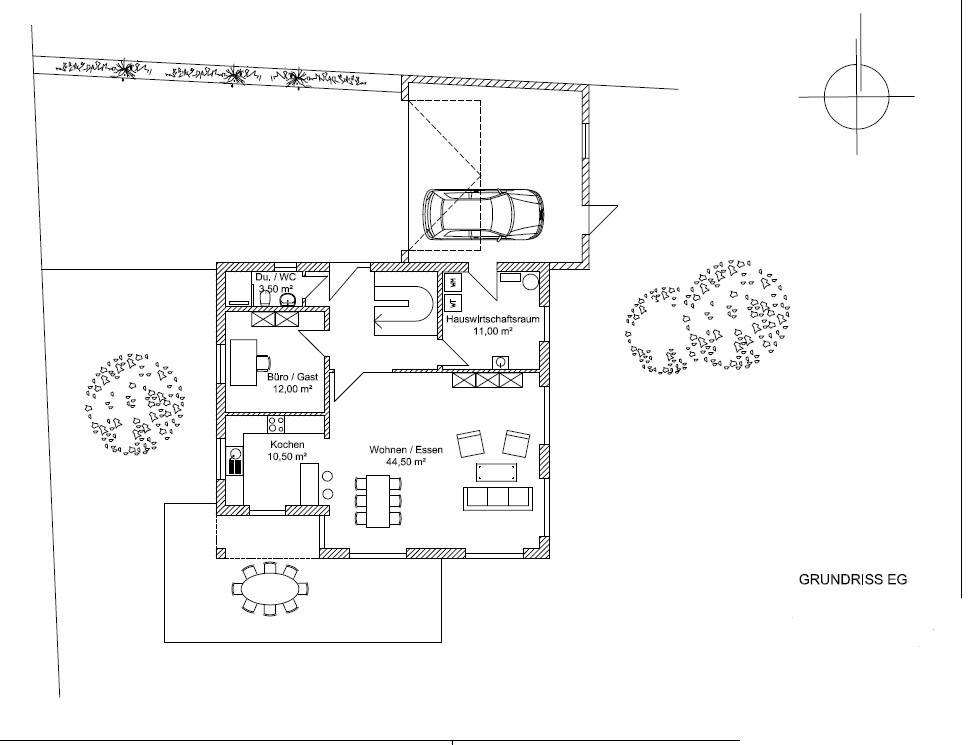 Ground floor plan: garage with car, open living/dining, kitchen, office/guest, utility room, shower/toilet.