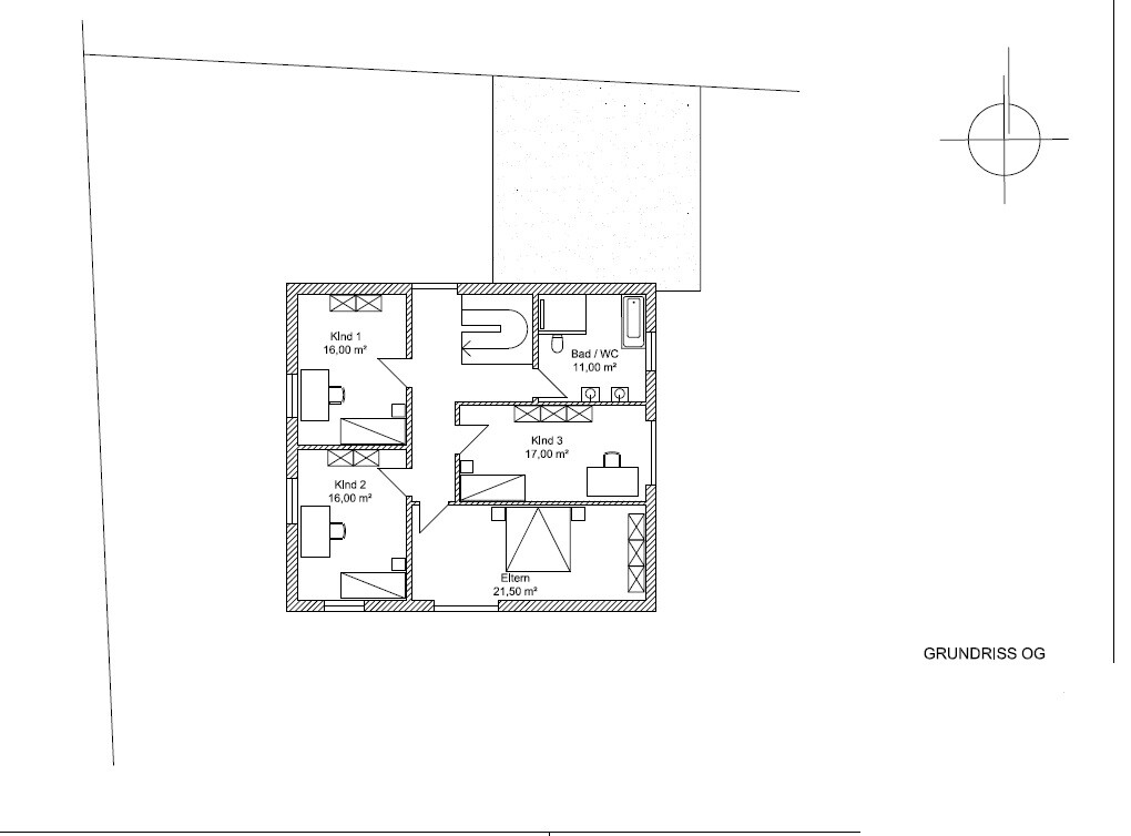 Upper floor plan: parents, child 1, child 2, child 3, bathroom/toilet, hallway, outdoor area (terrace)