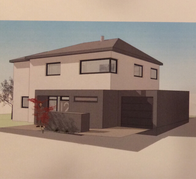 Moderne 3D-Hausansicht mit Garage, zweistöckiges Haus