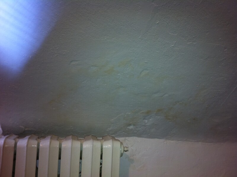 Wall with greenish moisture stains above a radiator; blue light from top left.