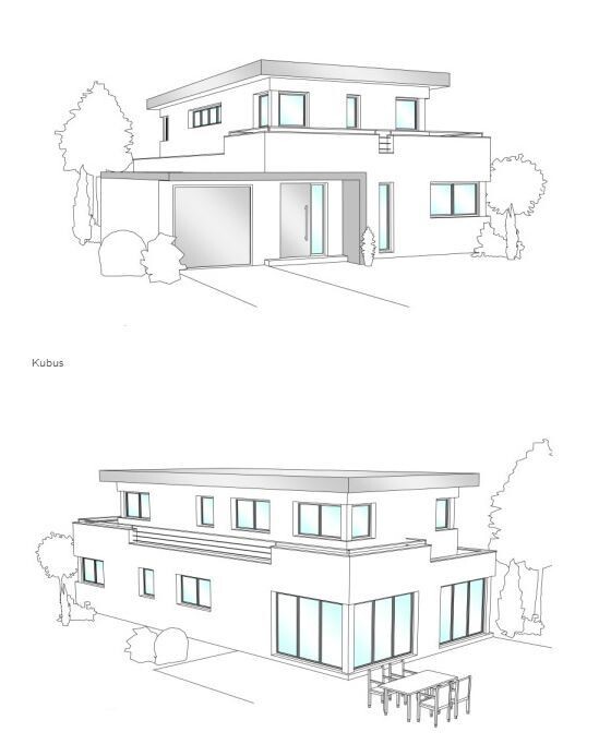 Two-sided 3D view of a modern two-story house with a terrace