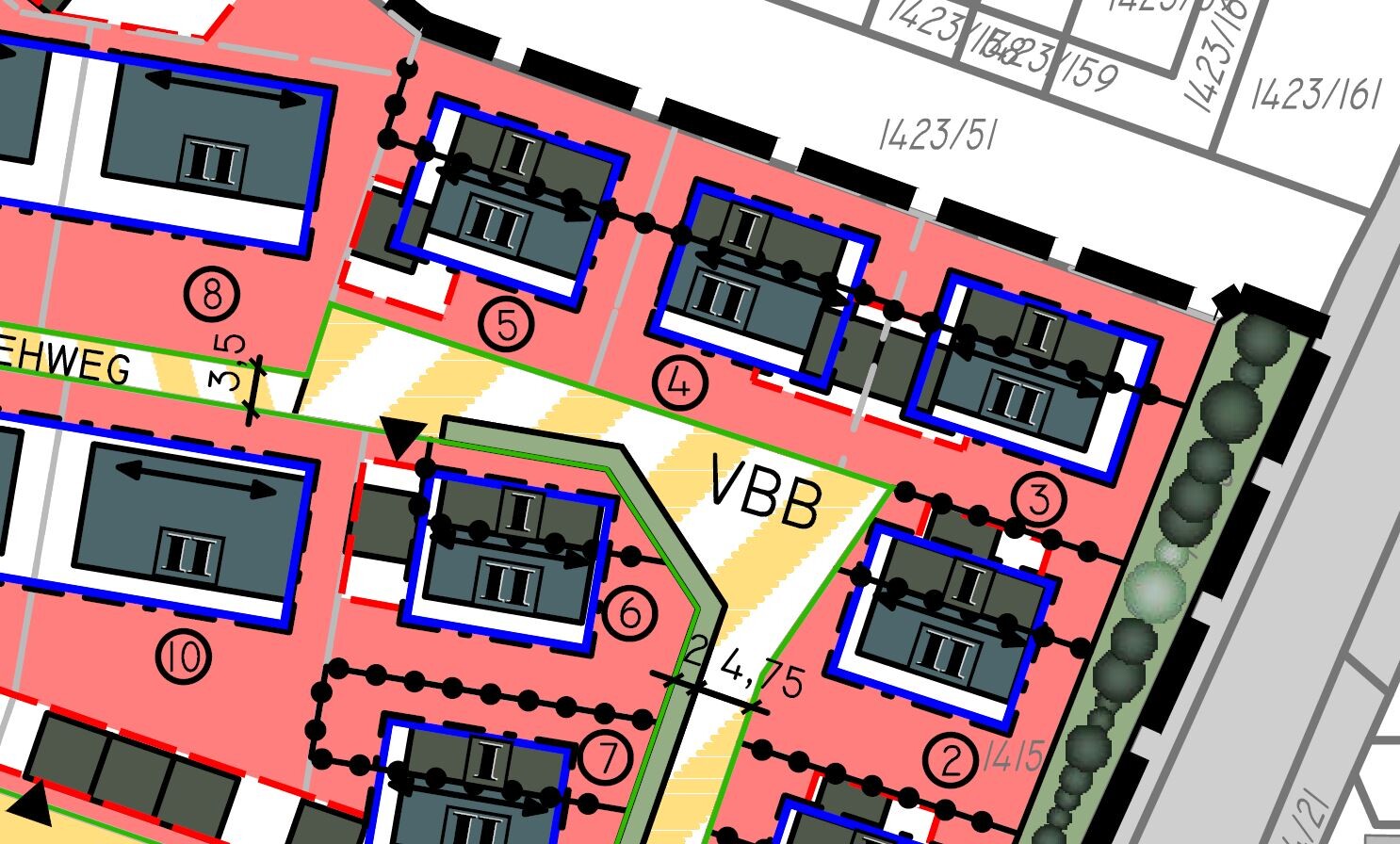 City plan of a building area: red zones, blue building outlines, numbered parcels and VBB.