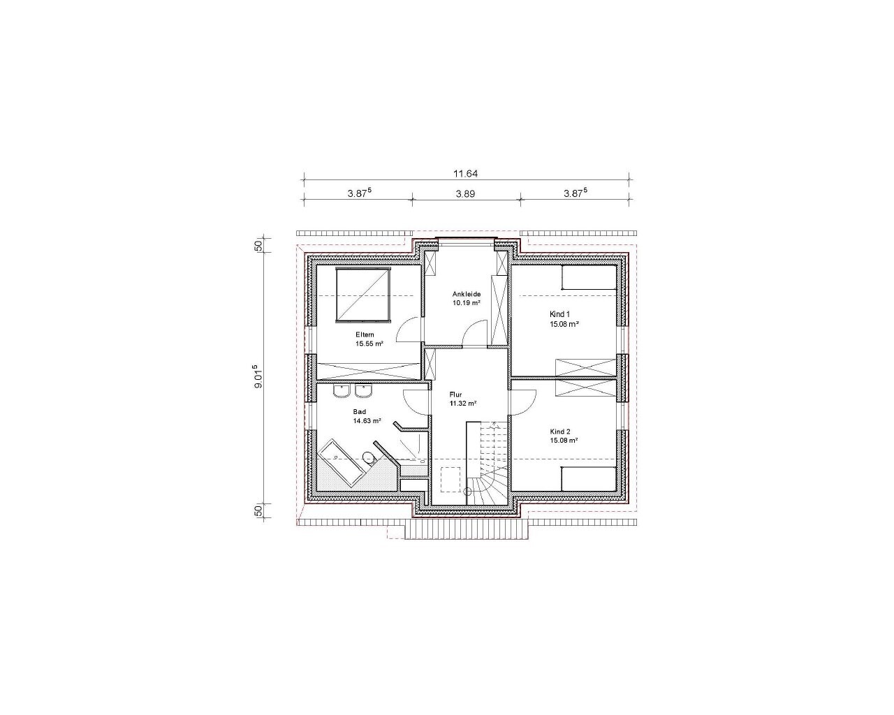 Upper floor plan of a house with master bedroom, two children's rooms, dressing room and bathroom