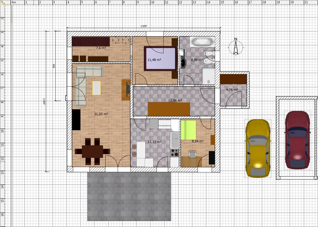 Floor plan of a house with living room, kitchen, bathroom, bedroom; outdoor parking with two cars.
