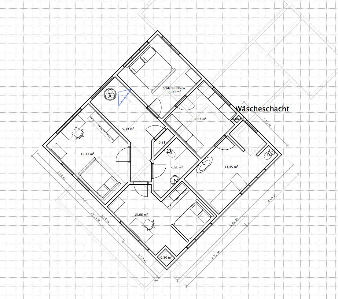 Floor plan of a residential house with multiple rooms, measurements in m², laundry chute.