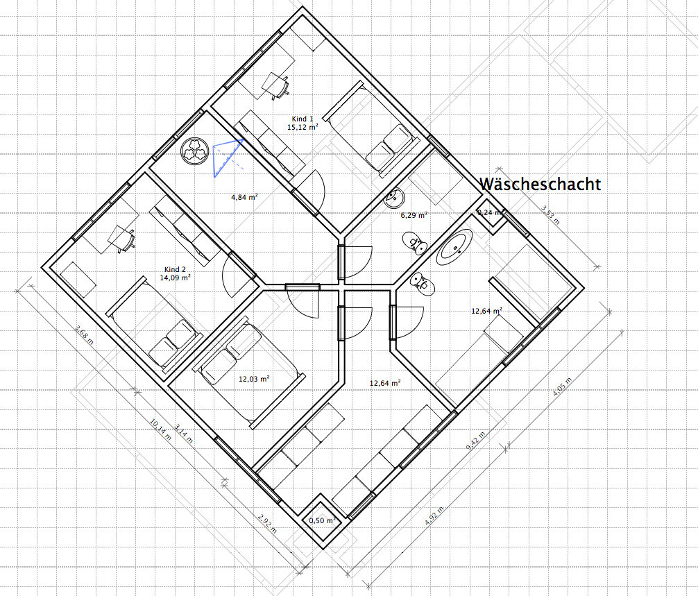 Floor plan of a diamond-shaped house with two children’s rooms, living room, corridors, and laundry chute.