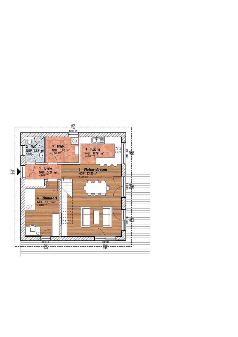 Floor plan of a house: entrance hall, room 1, WC, utility room, kitchen, and open living/dining area.