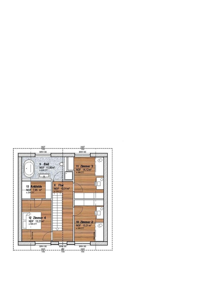 First floor plan with bathroom, dressing room, hallway, and rooms 2–4.