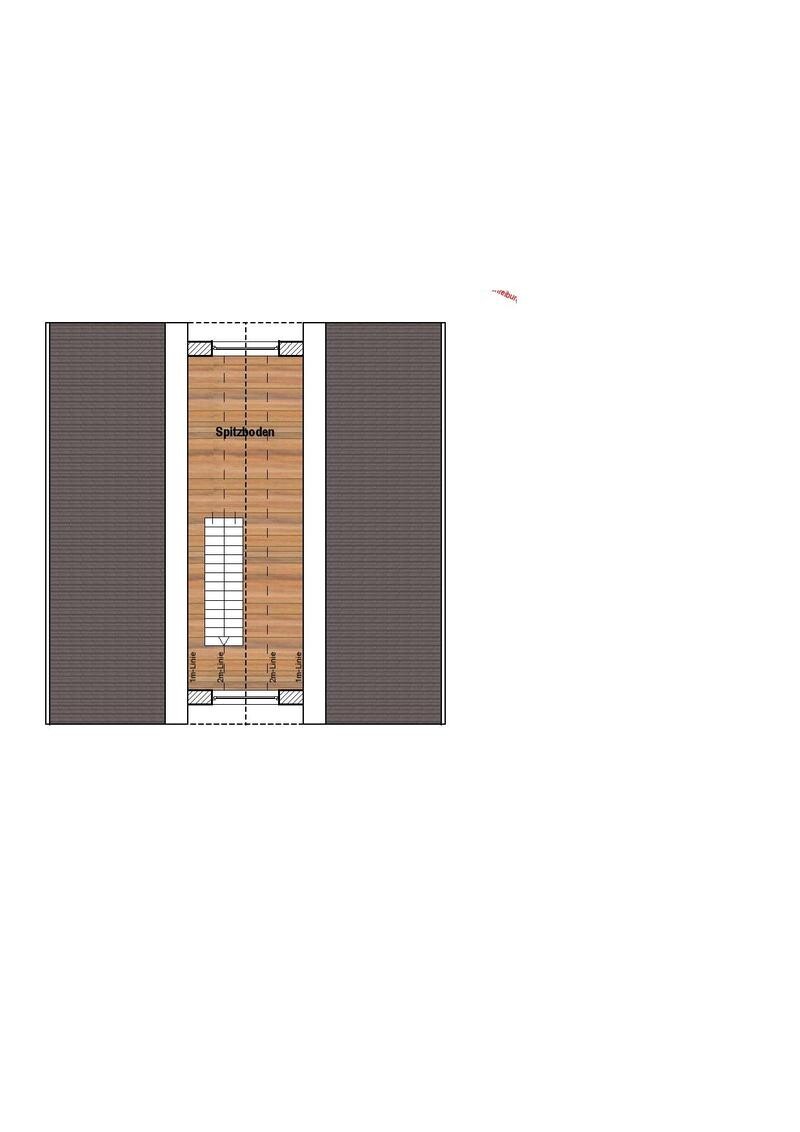 Attic floor plan with central staircase, wooden floor, and sloping ceilings on left/right.