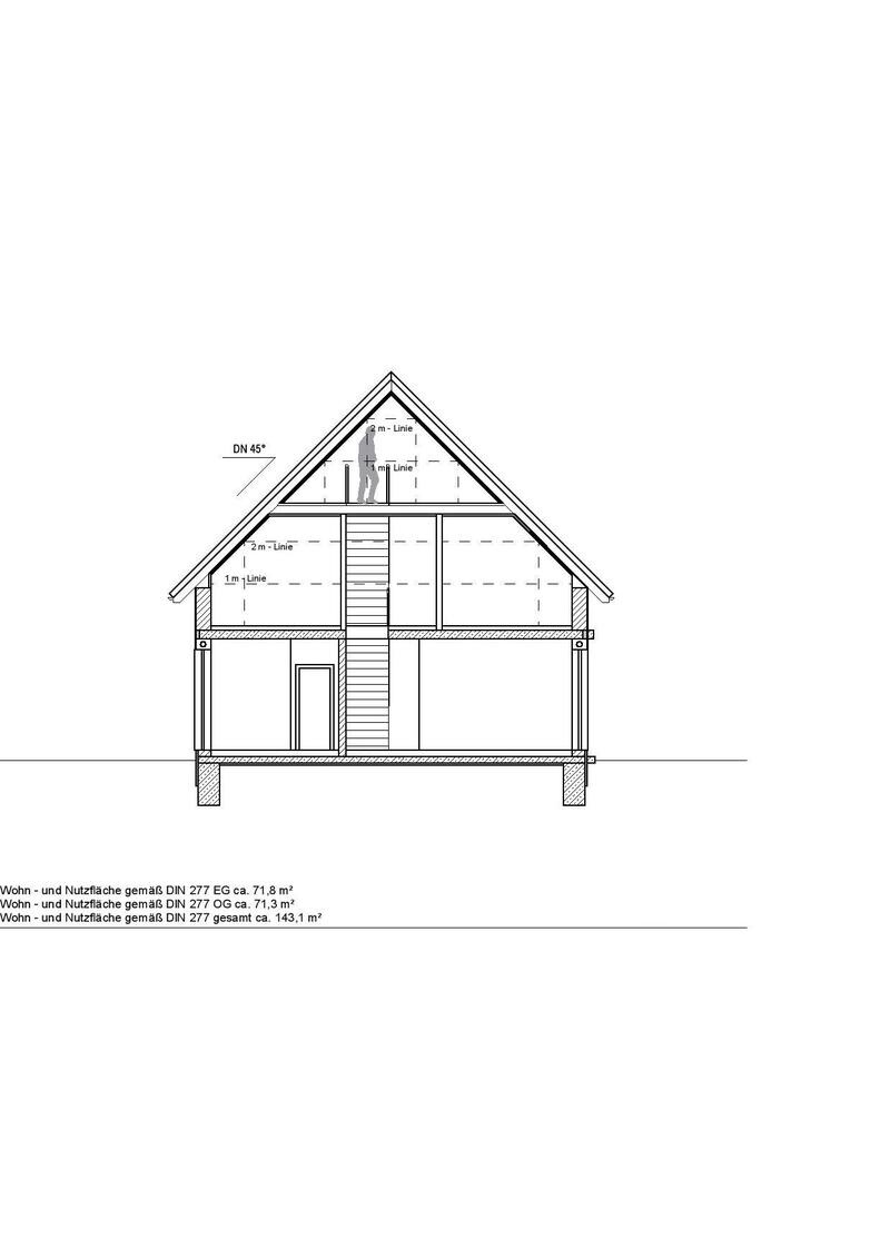 Section through a two-story gable roof house with central staircase and interior walls.