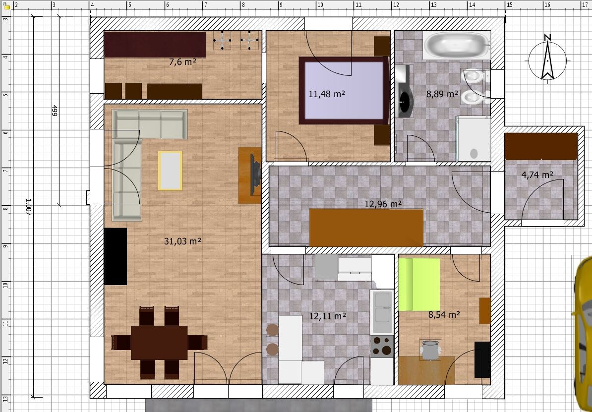 Floor plan of an apartment: large living room, kitchen, bathroom, two bedrooms, hallway, storage room.