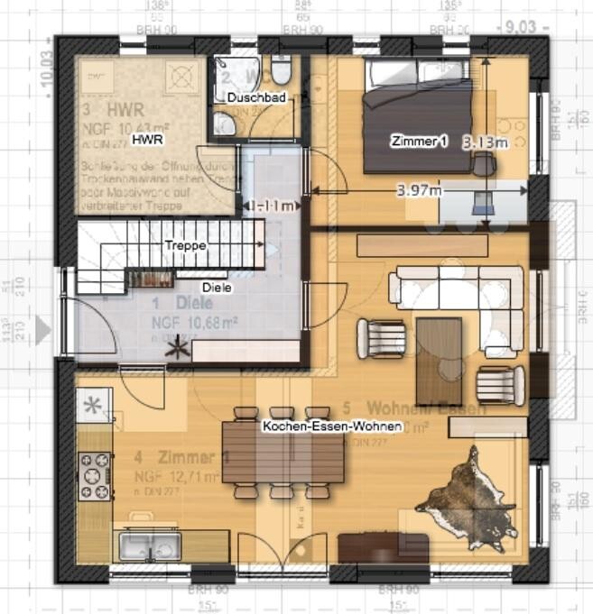 House floor plan: kitchen, dining, living, bedroom, bathroom, hallway.
