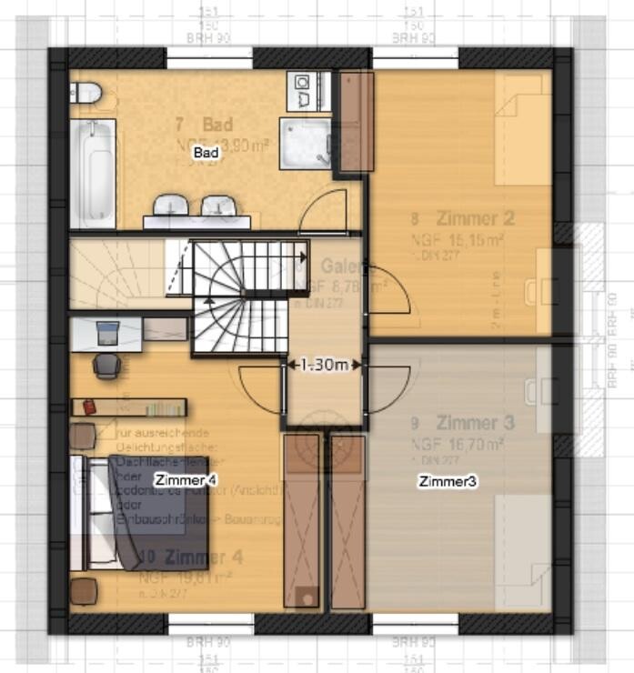 Upper floor plan with central stairs, bathroom, and rooms 2–4.