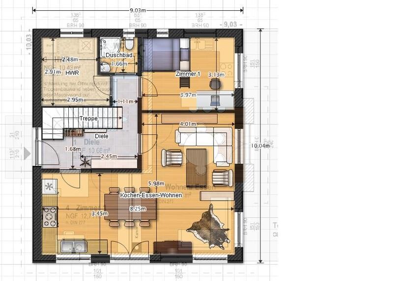 Floor plan of a house: kitchen-dining-living area, hallway, stairs, bathroom, room.