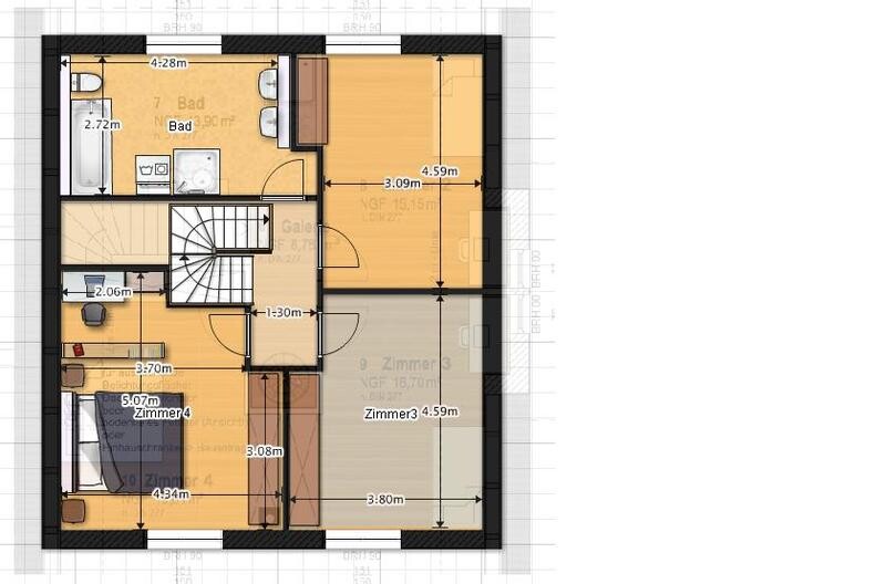 Floor plan of an upper floor with bathroom, stairwell, and rooms 3/4.