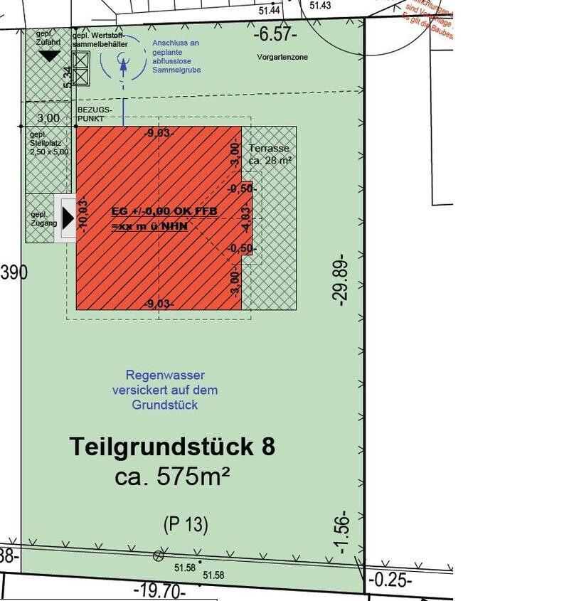 Site plan: red square building with terrace on partial plot 8, approx. 575 m² (6,190 sq ft).
