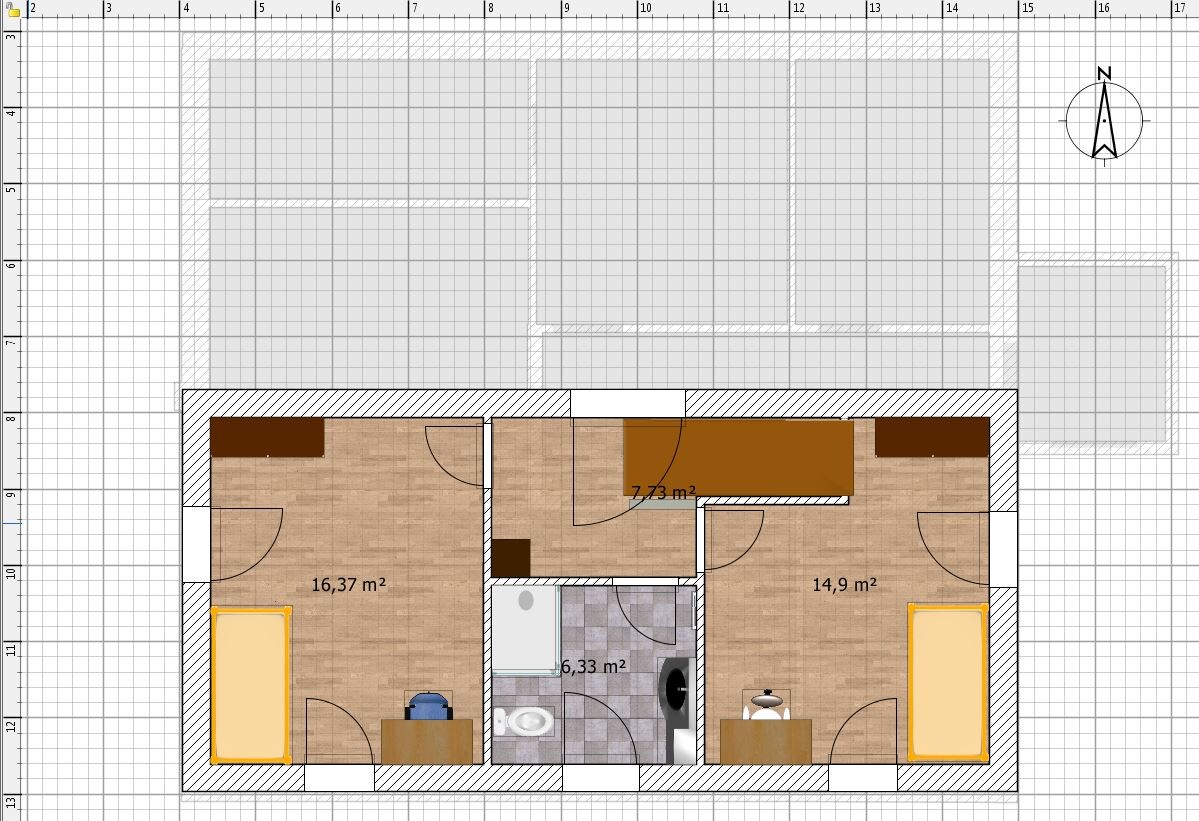 Floor plan of an apartment with two bedrooms, bathroom, hallway and furniture.