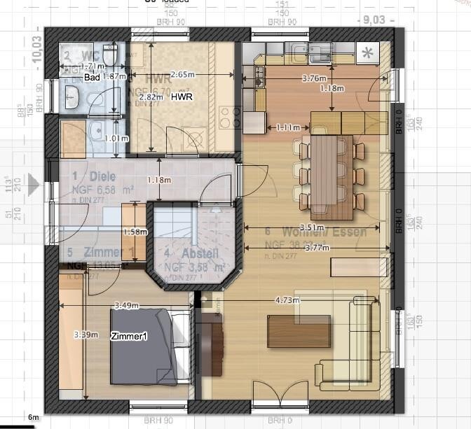 Floor plan of an apartment: kitchen, dining area, living room, bathroom, bedroom, storage room.