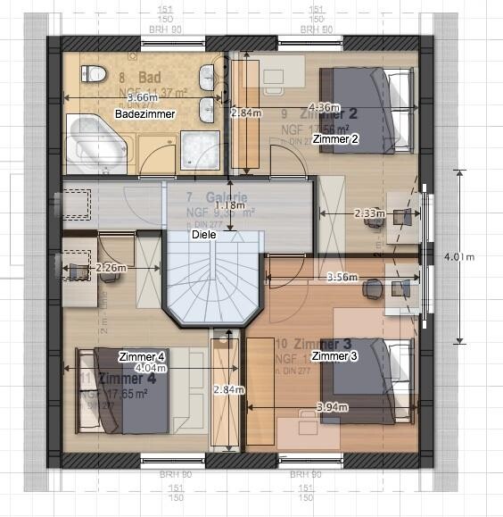 Floor plan of the upper floor: hallway, bathroom, staircase, and three rooms.