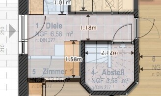 2D floor plan of a house with hall, rooms and storage
