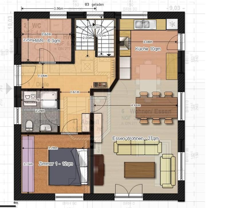 Floor plan of a single-family house with kitchen, dining/living area, bedroom, bathroom, and staircase.