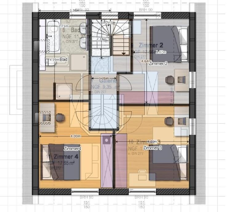 Attic floor plan: central staircase, bathroom to the left, rooms 2–4 around the corridor.