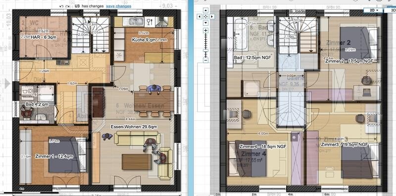 Two-story house floor plan with kitchen, living/dining area, bathroom, and multiple rooms.