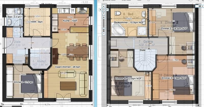 Double floor plan: kitchen, dining/living, bathroom on the left; rooms and staircase on the right.