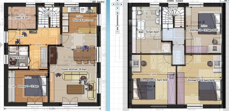 Two-story apartment floor plan: left floor kitchen, dining-living, bathroom; right floor rooms