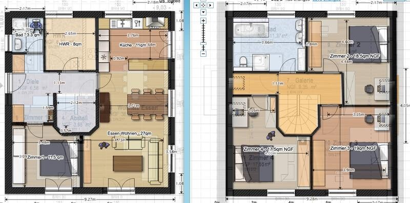 Two house floor plans: ground floor with kitchen, dining/living, bathroom; upper floor with rooms and gallery.