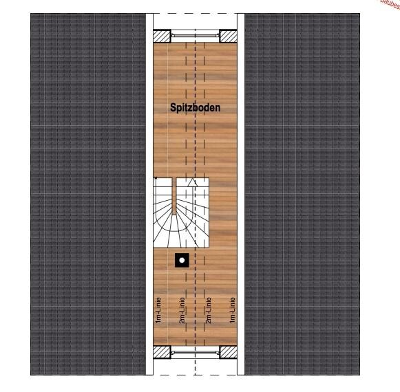 Attic floor plan with wooden floor, central staircase in the middle, surrounding roof slopes.