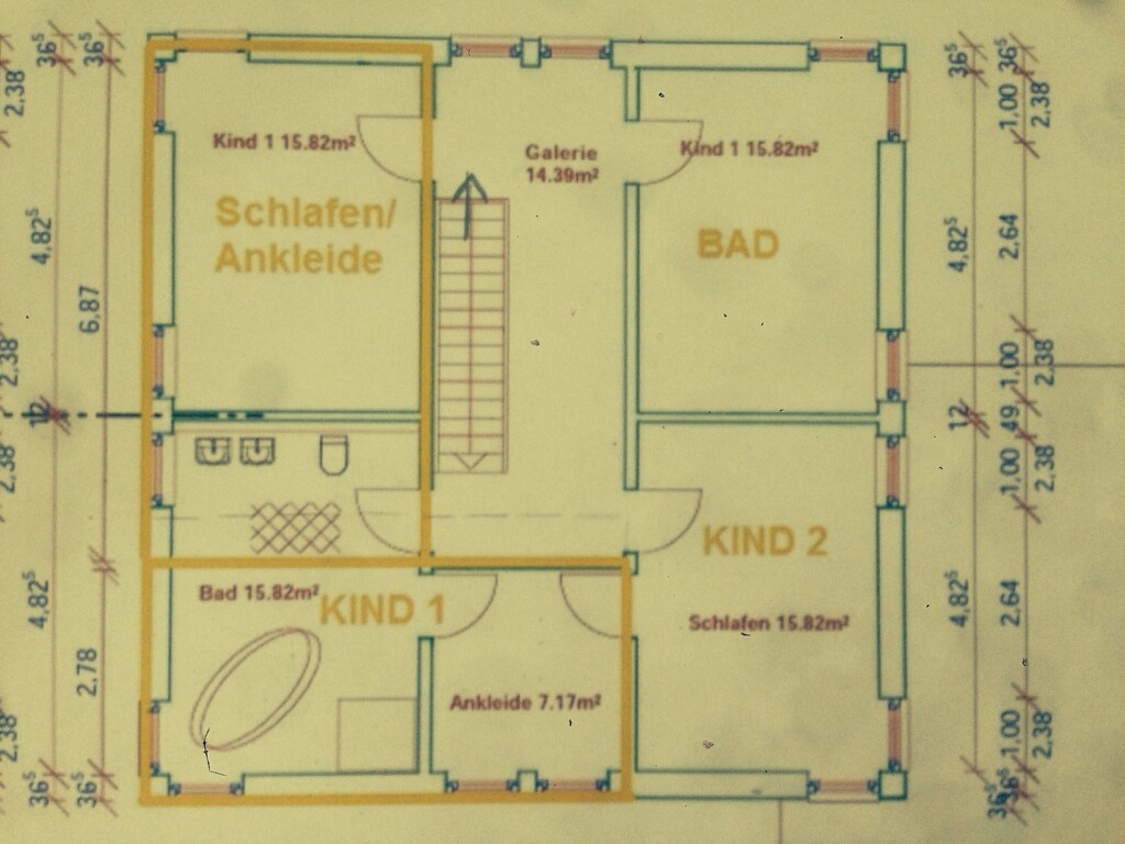2D floor plan of a house with bedroom, bathroom, children's rooms, and gallery
