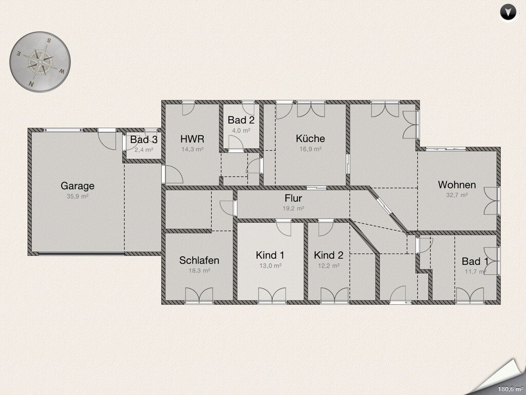 Floor plan of a house: garage, hallway, kitchen, living area, bathrooms 1–3, bedroom, children's rooms 1–2, utility room.