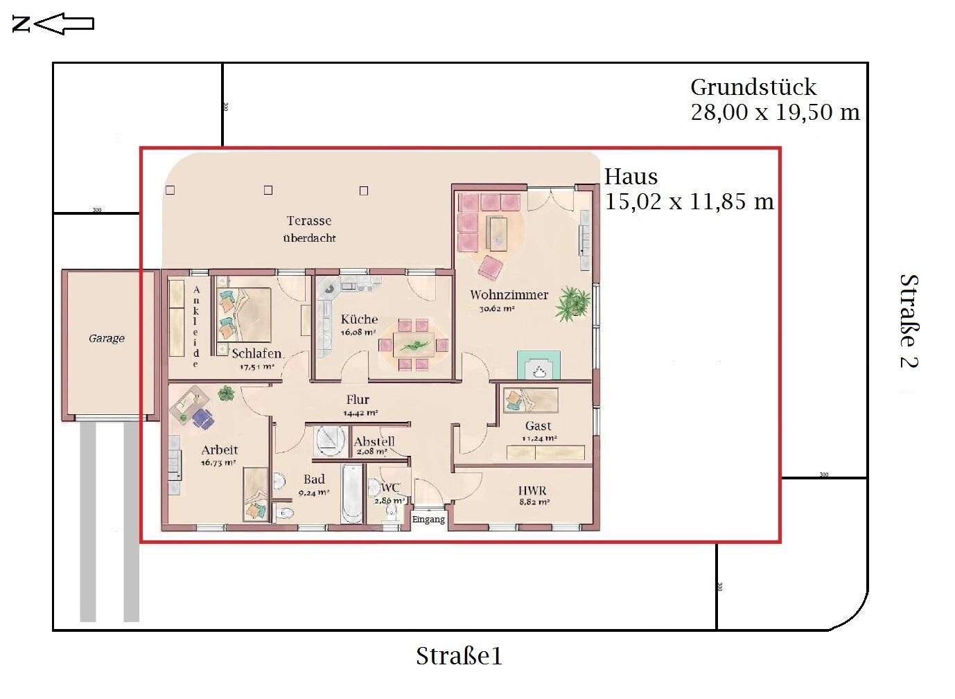 Floor plan: house on red plot with terrace, kitchen, living room, bedroom, guest room, garage.