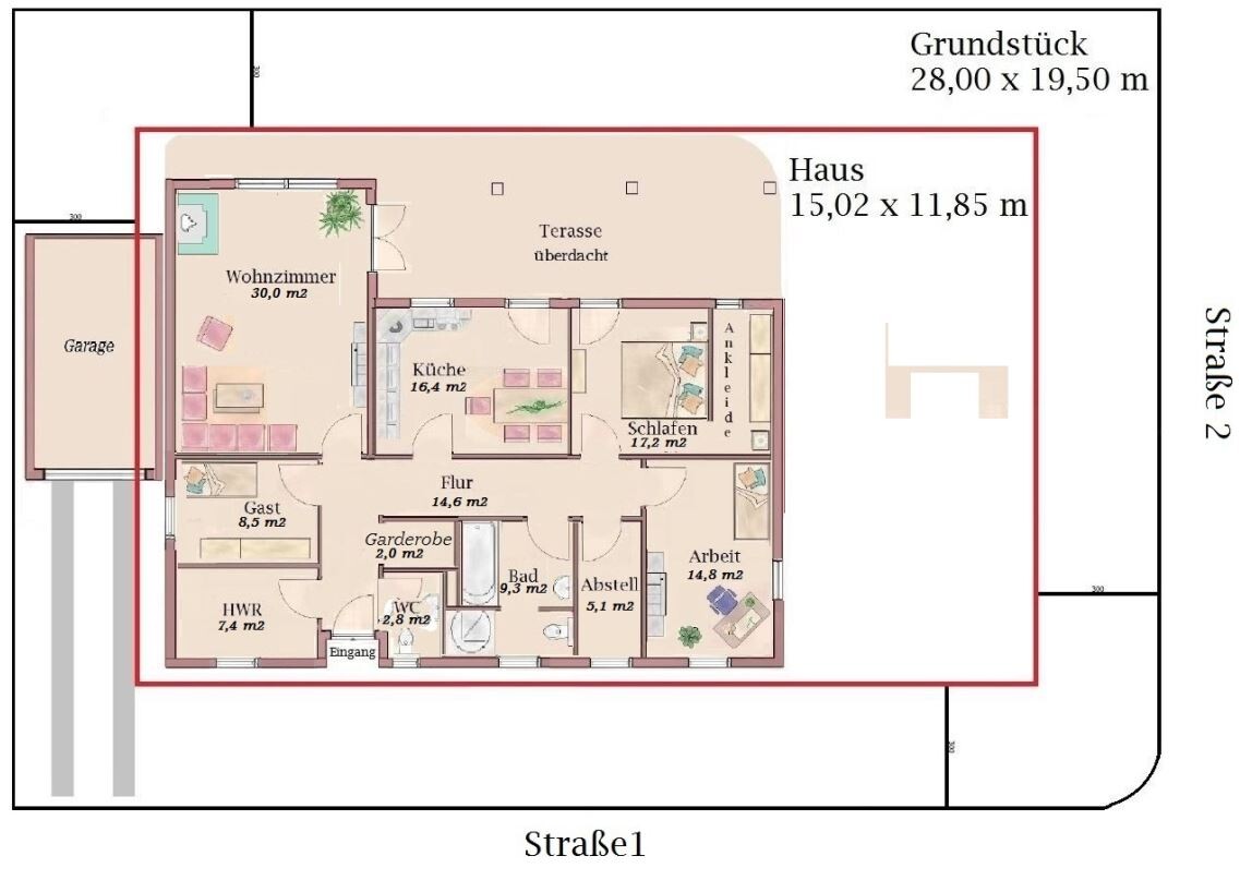 Grundriss eines Hauses mit Wohnzimmer, Küche, Schlafzimmer, Terrasse und Garage.