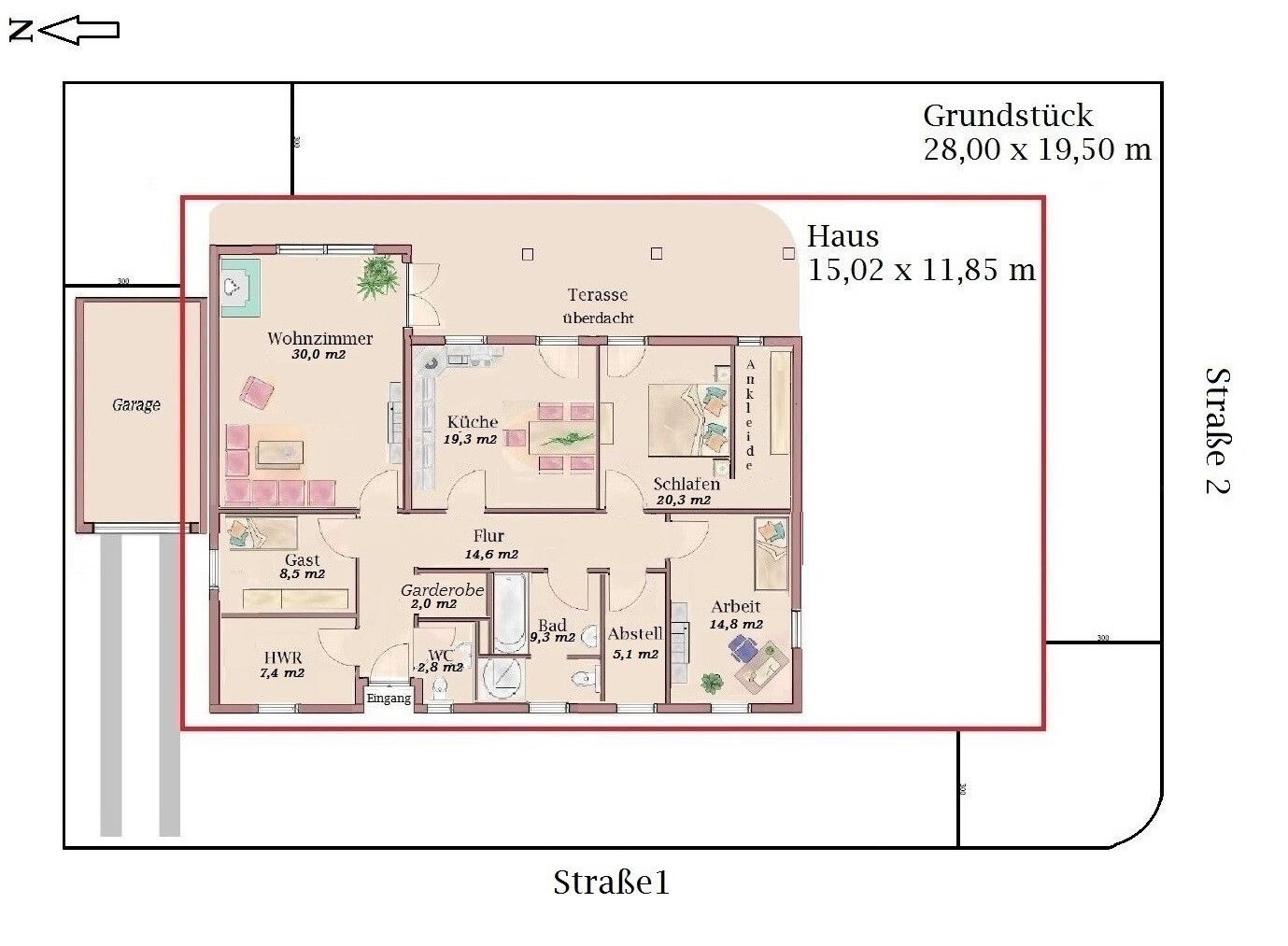 Floor plan of a house with terrace, garage, living room, kitchen, bedroom, bathroom, and hallway.