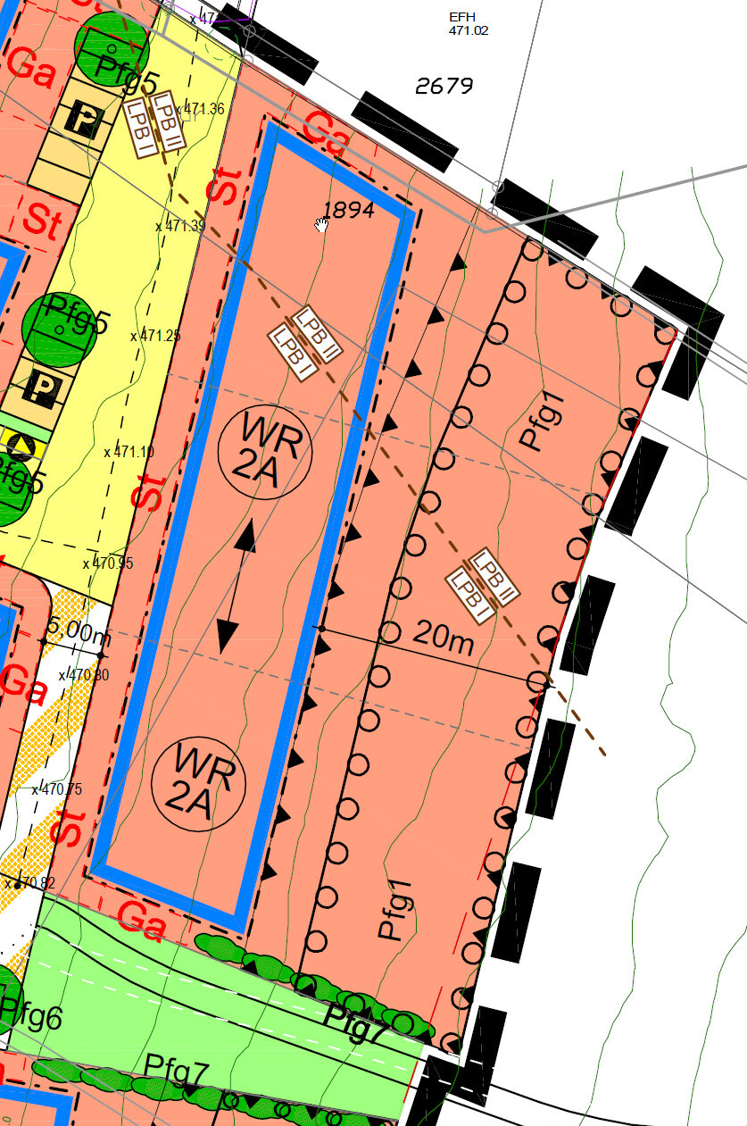 Detailed building and site plan with plots, buildings, and infrastructure lines.